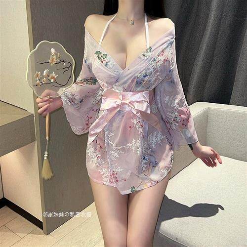 上川惠子~甜美蝴蝶结日式和服睡衣雪纺睡袍女性感风樱花浴衣睡裙