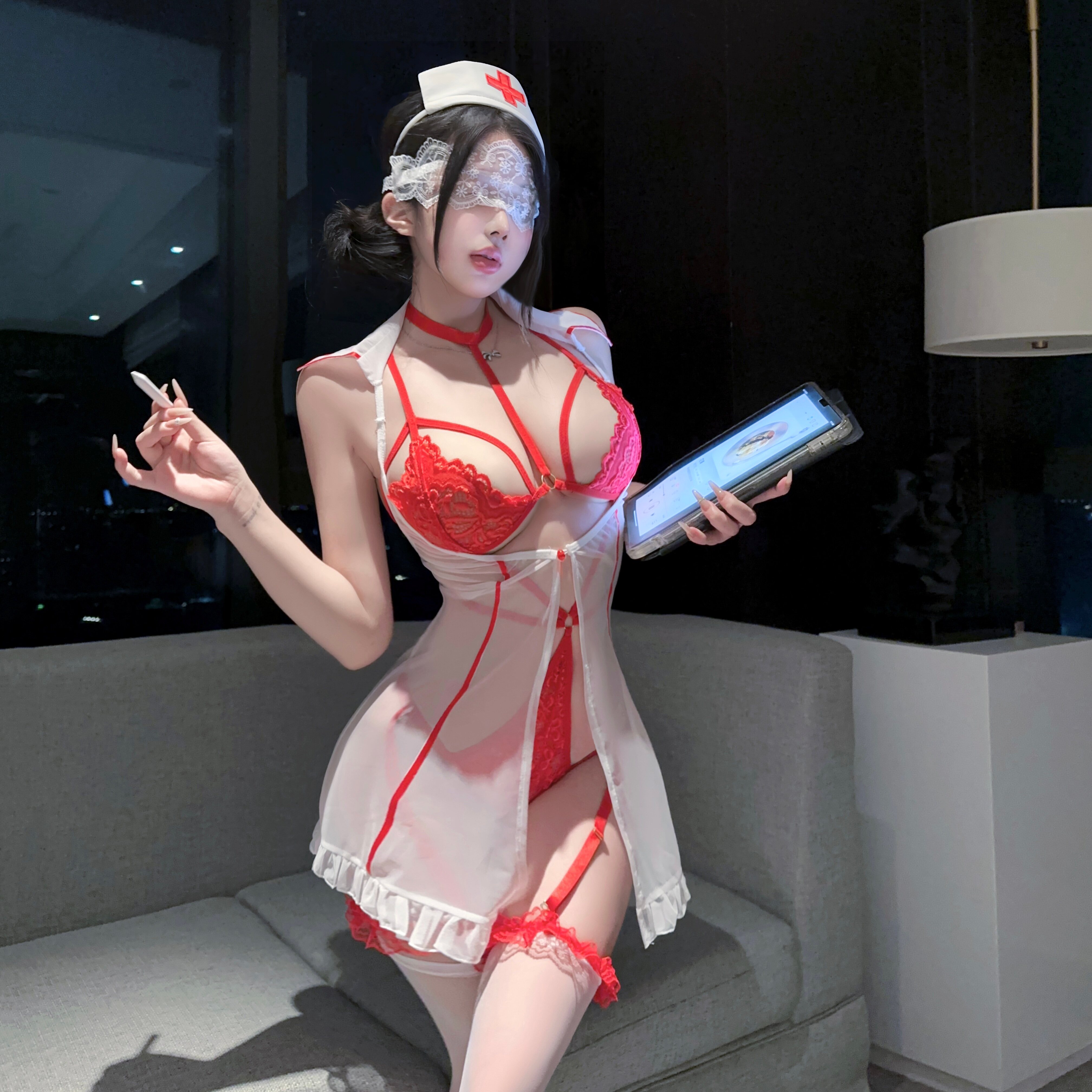 红色性感护士制服连体套装