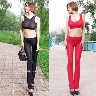 性感开档紧身裤冰丝喇叭裤男女大码牛奶丝透明打底裤超薄套装