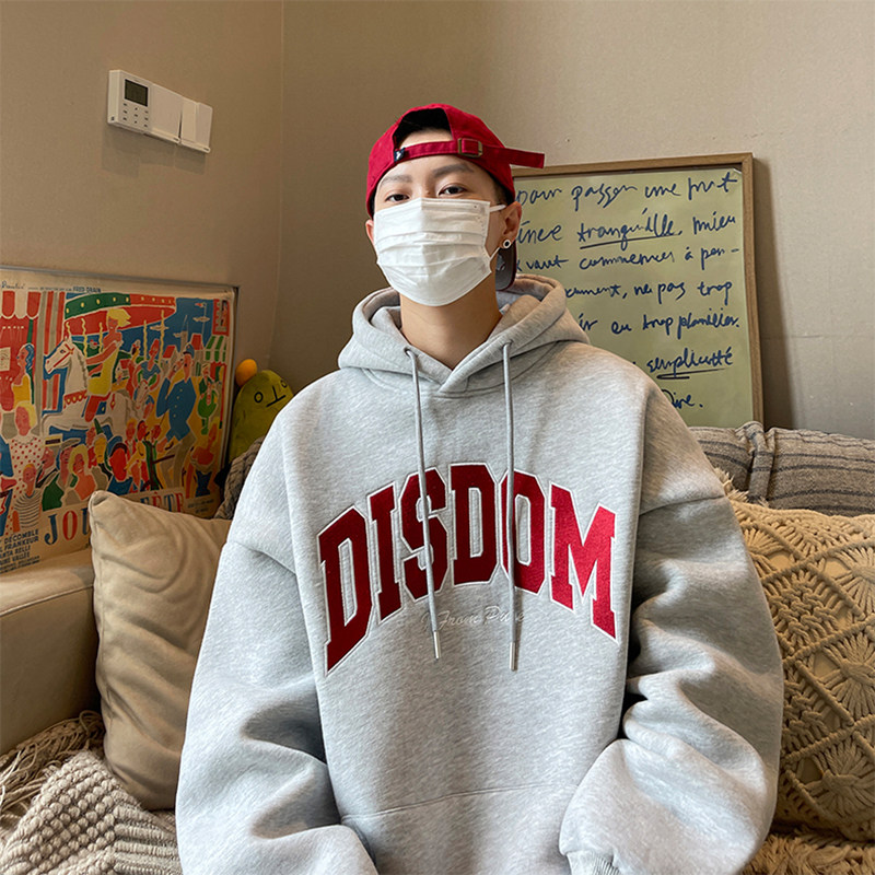 灰色连帽卫衣男秋冬美式潮牌字母套头衫复古潮流宽松加绒外套