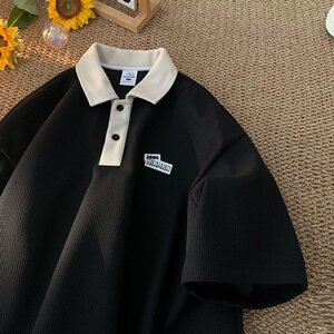 华夫格POLO衫短袖男夏季潮牌撞色翻领T恤美式复古五分袖情侣上衣