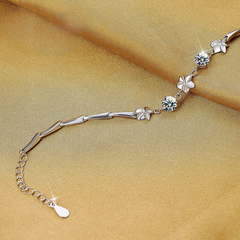 925银手链女韩版五叶草仿钻女生纯银珠宝首饰刻字 七夕情人节情侣