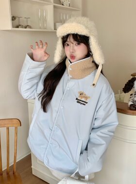 奶fufu羊羔毛拼接白色PU皮棉服
