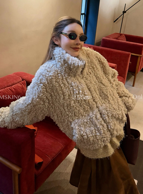 MSKIN6秋冬杏色立领毛毛外套女短款泰迪卷毛绒加厚保暖百搭