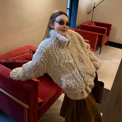 秋冬杏色立领毛毛女短款泰迪卷毛