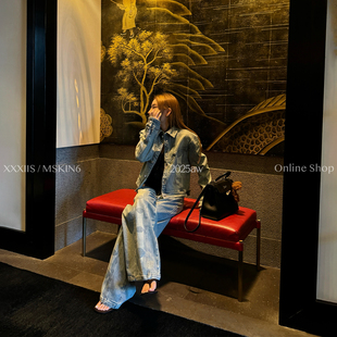 MSKIN6复古印花牛仔外套女秋冬短款高腰显瘦显高小个子阔腿裤套装