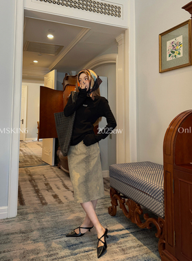 MSKIN6黑色高弹假两件打底衫女秋冬100%棉字母印花侧开叉显瘦甜辣