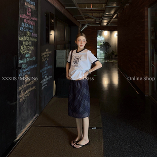 MSKIN6夏季美式复古字母短袖T恤女修身短款显瘦露腰ins风辣妹装