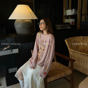 MSKIN6春夏新款刺绣印花长袖T恤女宽松百搭显瘦设计感棉质上镜