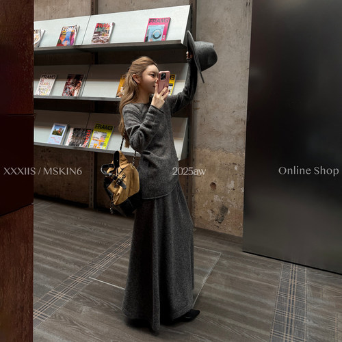 秋冬高腰羊毛混纺半身裙女抽绳