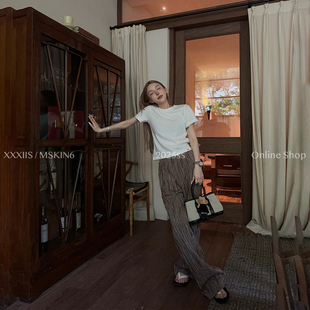 女高腰阔腿直筒显瘦显腿长棉质慵懒休闲 黑白格子裤 夏季 新款