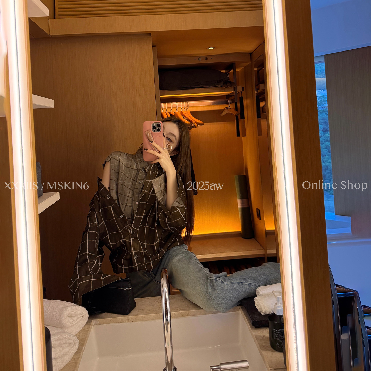 撞色假两件格子衬衫女棉显白百搭