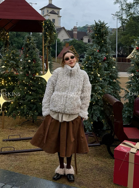 MSKIN6秋冬新款麂皮绒咖色半裙女高腰A字伞裙显瘦复古温柔风