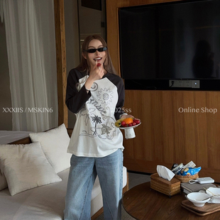 MSKIN6夏季拼袖圆领刺绣T恤女显瘦九分袖棉t百搭oversize潮流