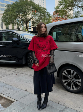 MSKIN6早春新款马年贺岁T恤女黑色卡通线条印花宽松显瘦棉质长袖