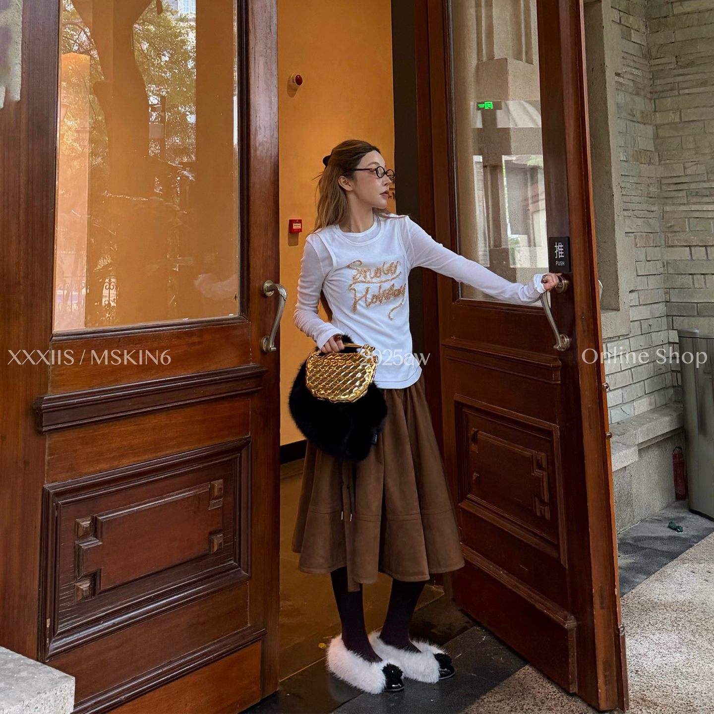 金线字母假两件打底衫女冬季修身