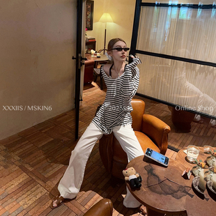 MSKIN6夏季条纹U领防晒长袖T恤女宽松显瘦韩系慵懒风透气百搭上衣