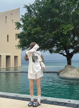 MSKIN6夏季拼袖狗狗字母印花长袖T恤女显瘦oversize棉混纺百搭潮