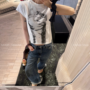 MSKIN6春夏小猫字母短袖T恤女短款显瘦纯棉上衣趣味卡通减龄百搭