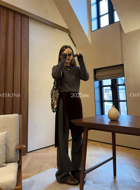 MSKIN6高腰阔腿裤女秋季新款显瘦深灰色聚酯纤维通勤日常百搭长裤