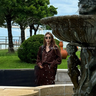 MSKIN6秋冬仿麂皮绒衬衣女咖色复古高级气场流苏抗皱晚宴派对穿搭