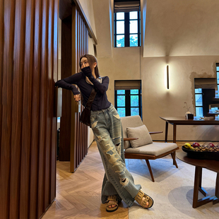 MSKIN6秋季复古破洞牛仔裤女宽松直筒高腰显瘦棉质百搭长裤