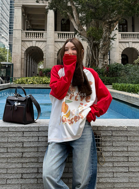 MSKIN6早春红白撞色印花长袖T恤女宽松马年贺岁纯棉显瘦百搭