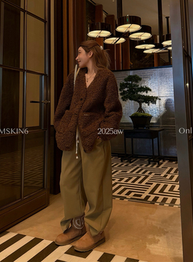 MSKIN6韩系毛毛外套女秋冬慵懒V领毛绒开衫宽松保暖环保皮草