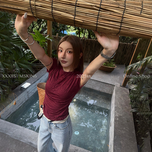 MSKIN6夏季褶皱肌理感短袖T恤女修身显瘦棉聚混纺透气百搭新款