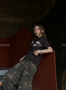 MSKIN6早秋复古做旧短袖T恤美式街头字母印花宽百搭纯棉重工水洗