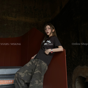 MSKIN6早秋复古做旧短袖T恤美式街头字母印花宽百搭纯棉重工水洗