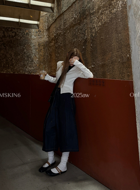 MSKIN6早秋新款蓝色水洗牛仔七分裤女高腰宽松显瘦复古工装棉莱卡