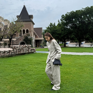 MSKIN6早秋新款亚麻抽绳外套女100%麻立领拉链宽松慵懒风收腰显瘦