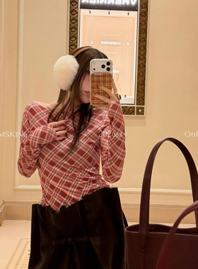 MSKIN6早春新款格子长袖打底衫女宽松领斜肩穿法棉弹力显白气质