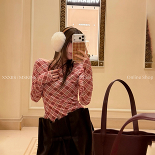 MSKIN6早春新款格子长袖打底衫女宽松领斜肩穿法棉弹力显白气质
