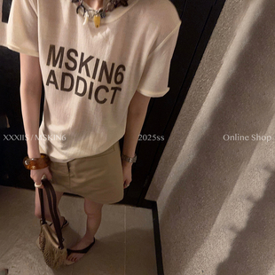 MSKIN6夏季印花短袖T恤女百%羊毛小圆领显瘦宽松外翻边慵懒辣妹风