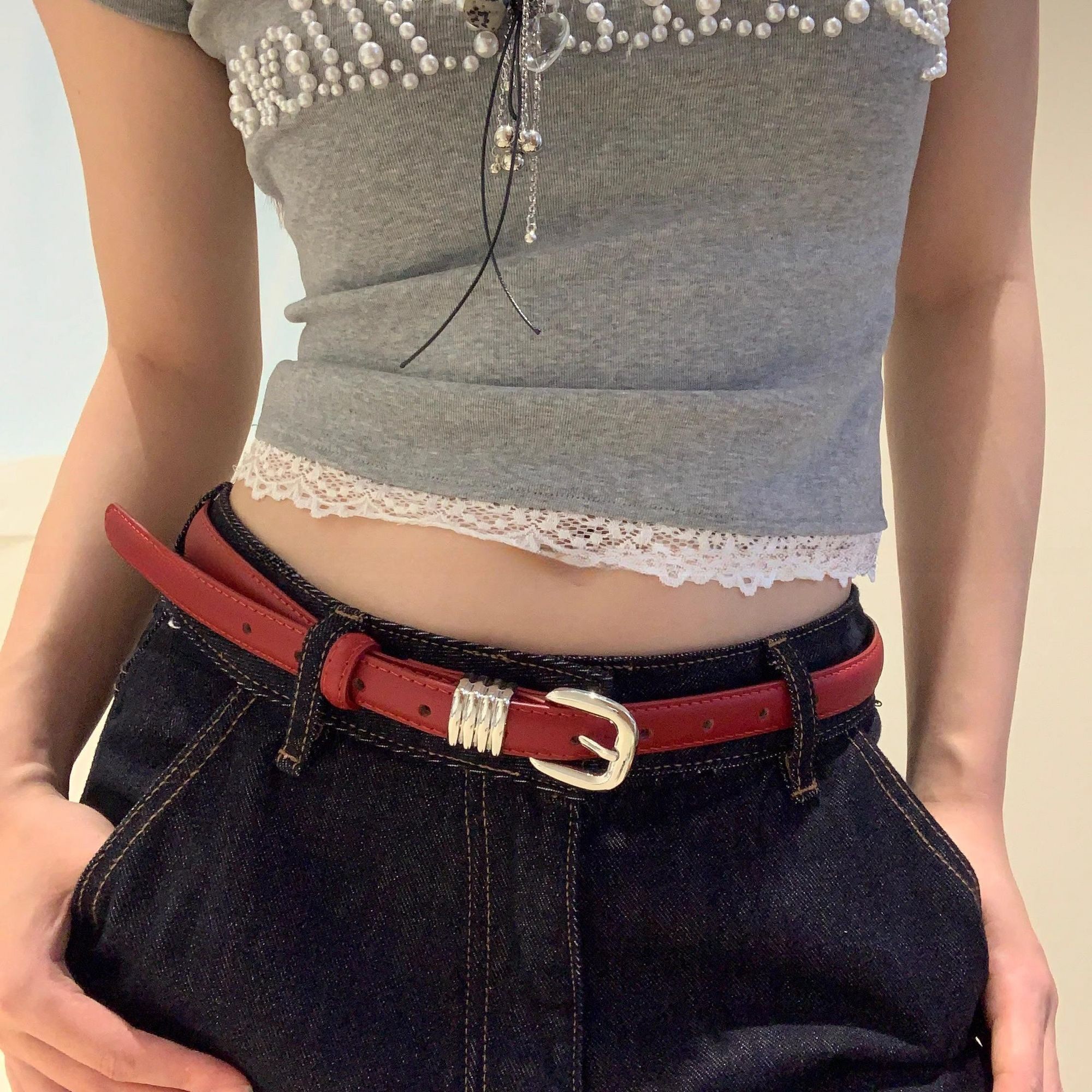 美式复古高级感红色腰带女款2025新款个性潮流辣妹风窄款皮带腰封