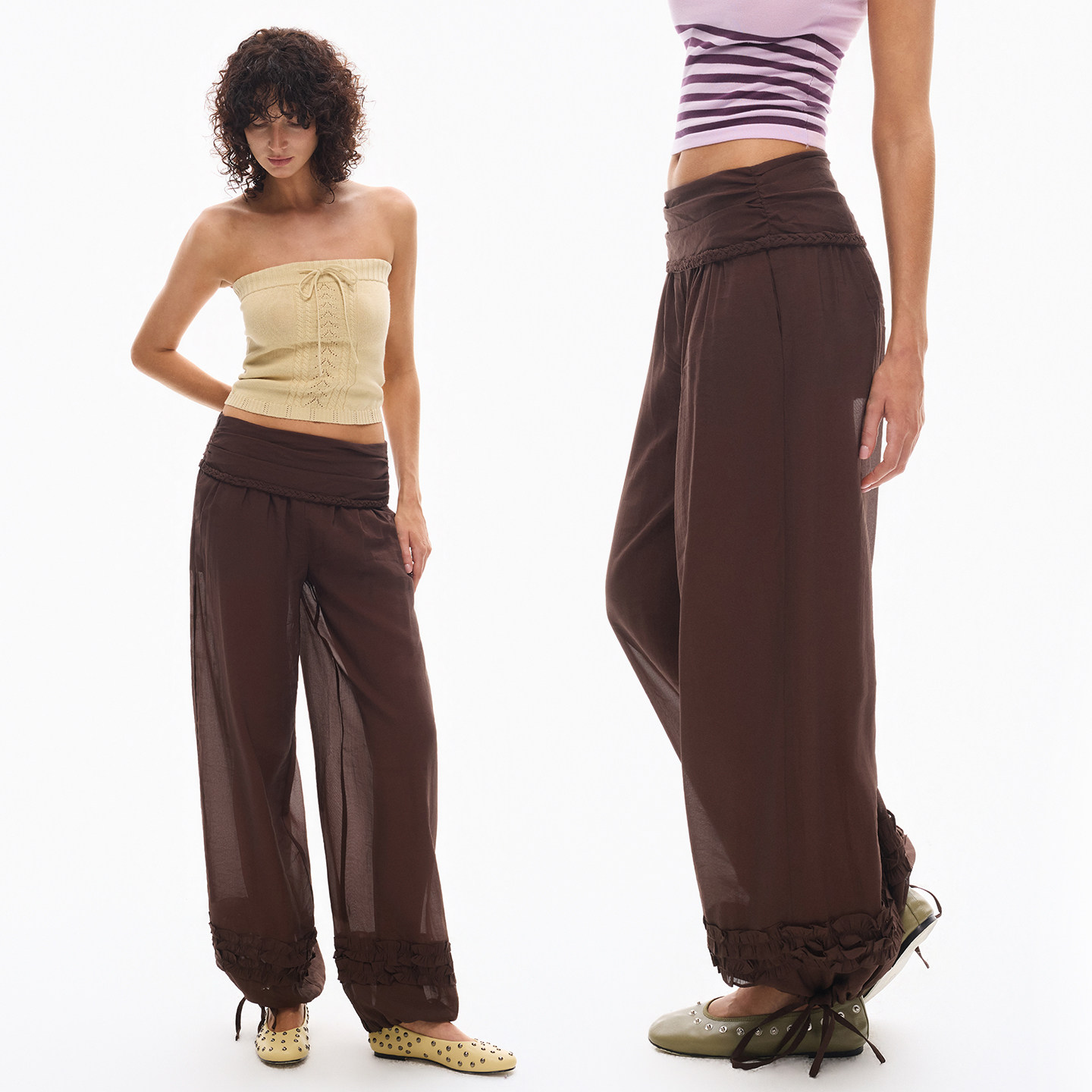 INTERRIS编织麻花棕色宽松朦胧微透度假轻盈裙裆灯笼裤女长裤