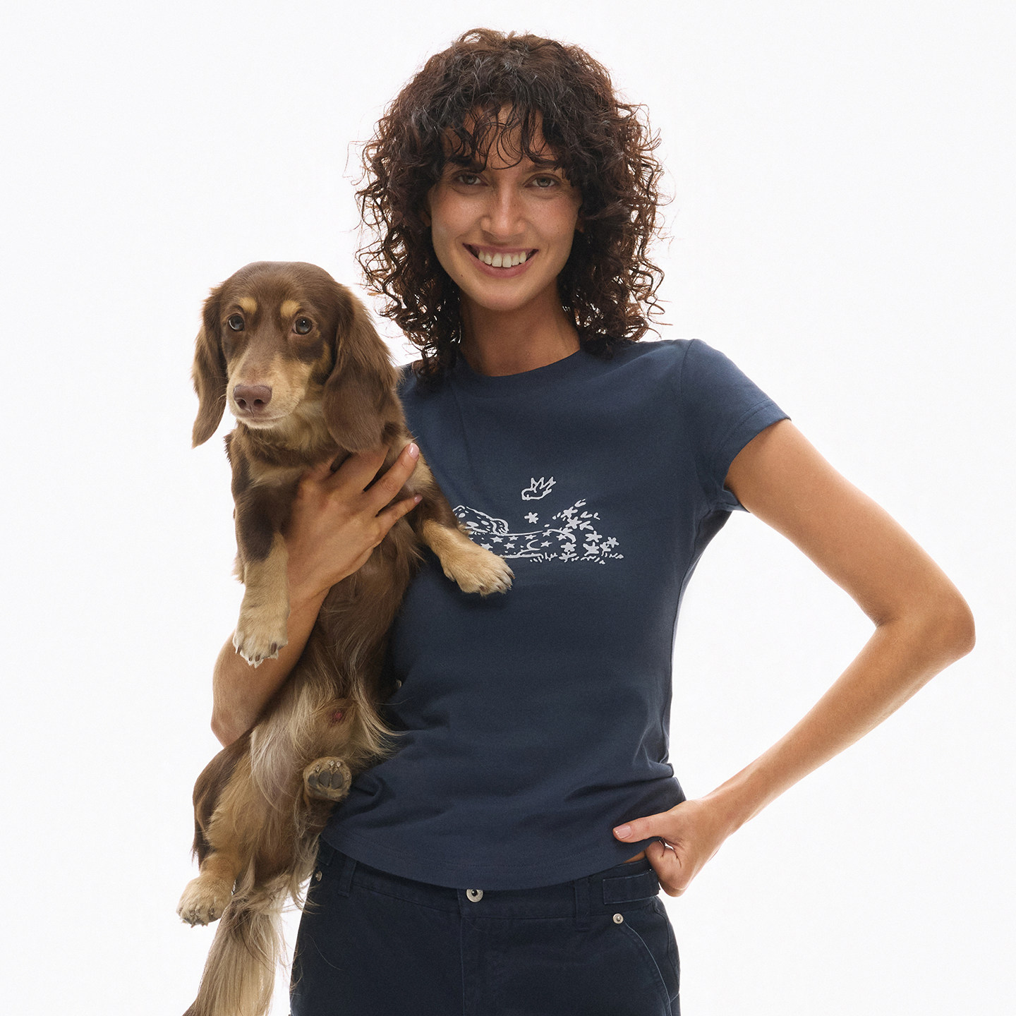 INTERRIS 全棉100% 蓝色小狗图案印花塑形T恤短袖修身显瘦夏季女