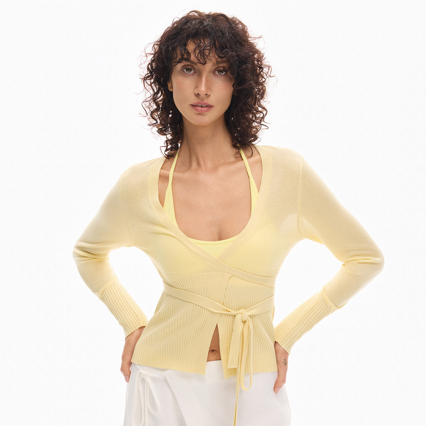 INTERRIS 85天丝15羊毛 高品质空气感叠穿瑜伽绑带针织开衫女长袖