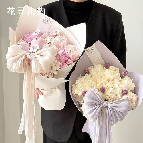 法式珠光雪缎布料鲜花花束蝴蝶结