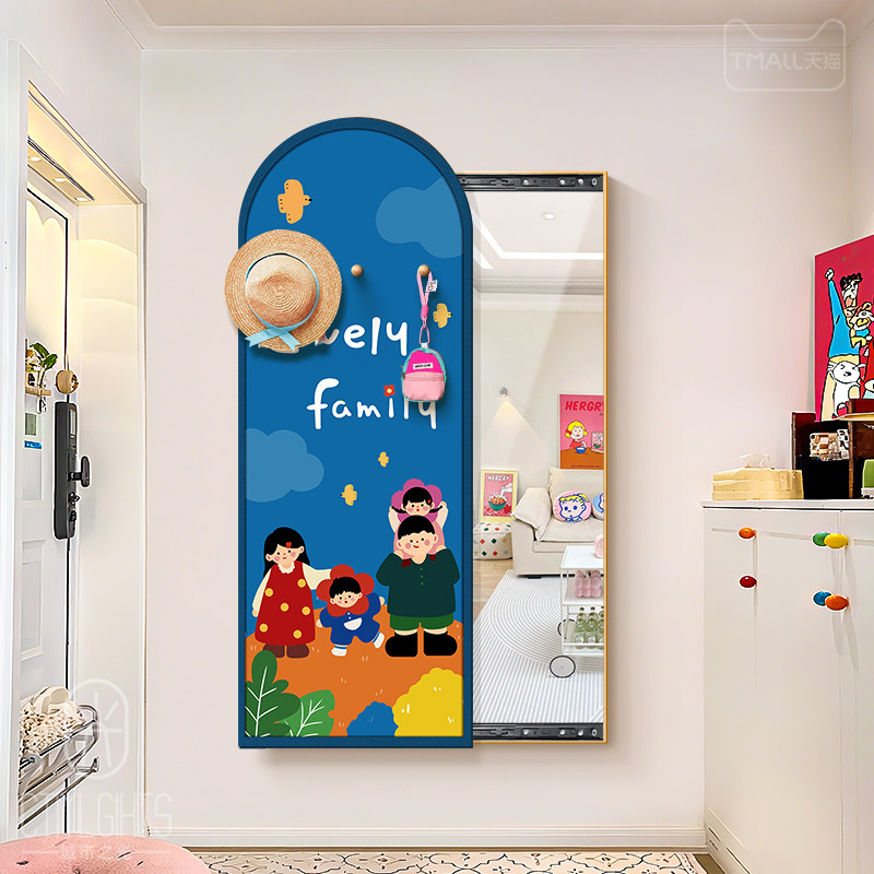 一家三口玄关隐形推拉全身镜装饰画 画洞洞板可推拉遮挡隐藏式全