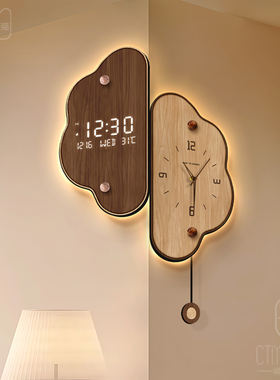 中古风客厅转角时钟2026新款万年历电子钟表创意发光双面拐角挂钟