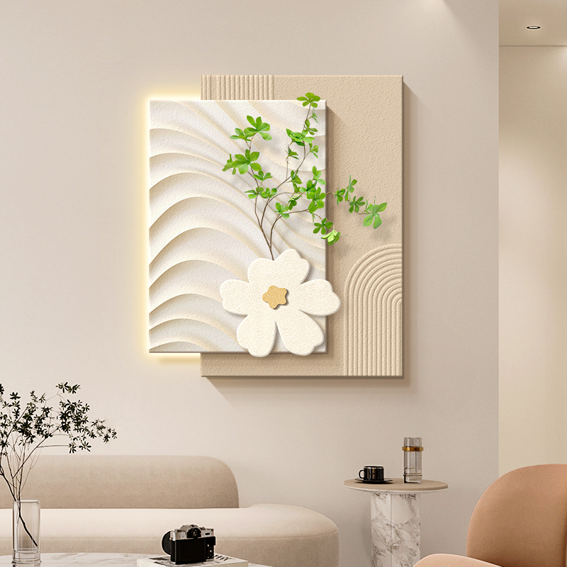 奶油风客厅装饰画创意花卉沙发背景墙挂画立体砂岩肌理感玄关壁画图片