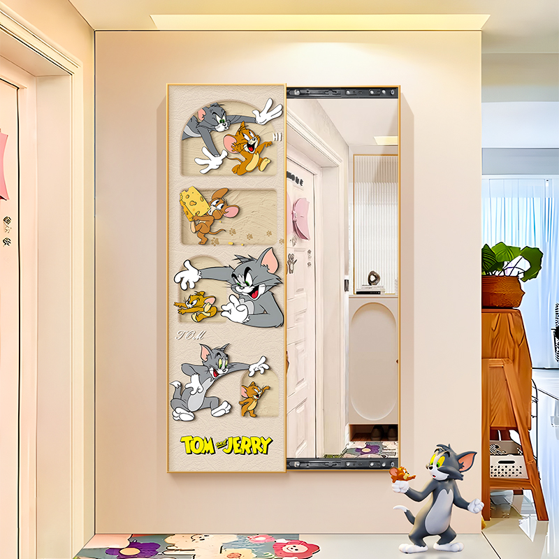 猫和老鼠推拉隐藏式全身镜挂画奶油风玄关装饰画可关闭隐形穿衣镜