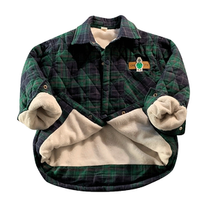 加绒加厚男童夹棉衬衫冬季衬衣格子2025新款格子上衣薄棉衣服儿童