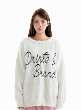 DRINTO基础标语水貂绒毛衣宽松休闲卫衣学院风提花圆领针织衫