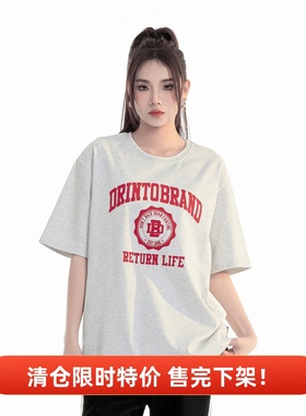 DRINTO新款质感植绒印花宽松圆领T恤情侣学院风纯棉国潮原创短袖