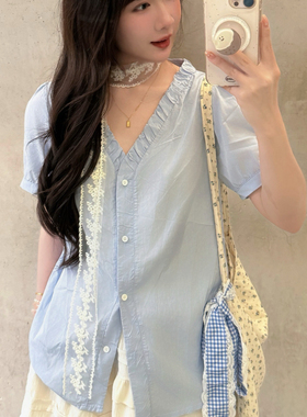 DRINTO夏法式休闲学院花边衬衫T恤显瘦百搭短袖衬衫ins风女