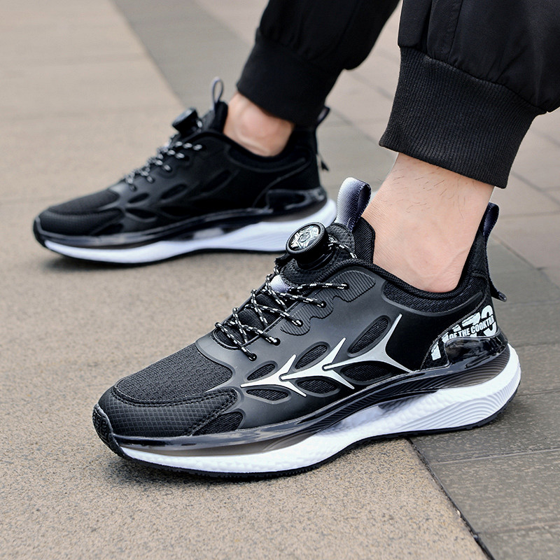 免系带运动鞋男款夏季单网透气旋转纽扣爆米花轻便减震软底跑步鞋